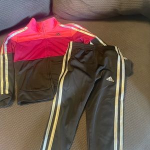 Adidas sweatsuit red. One with animal print black pants pink and black Jacket.